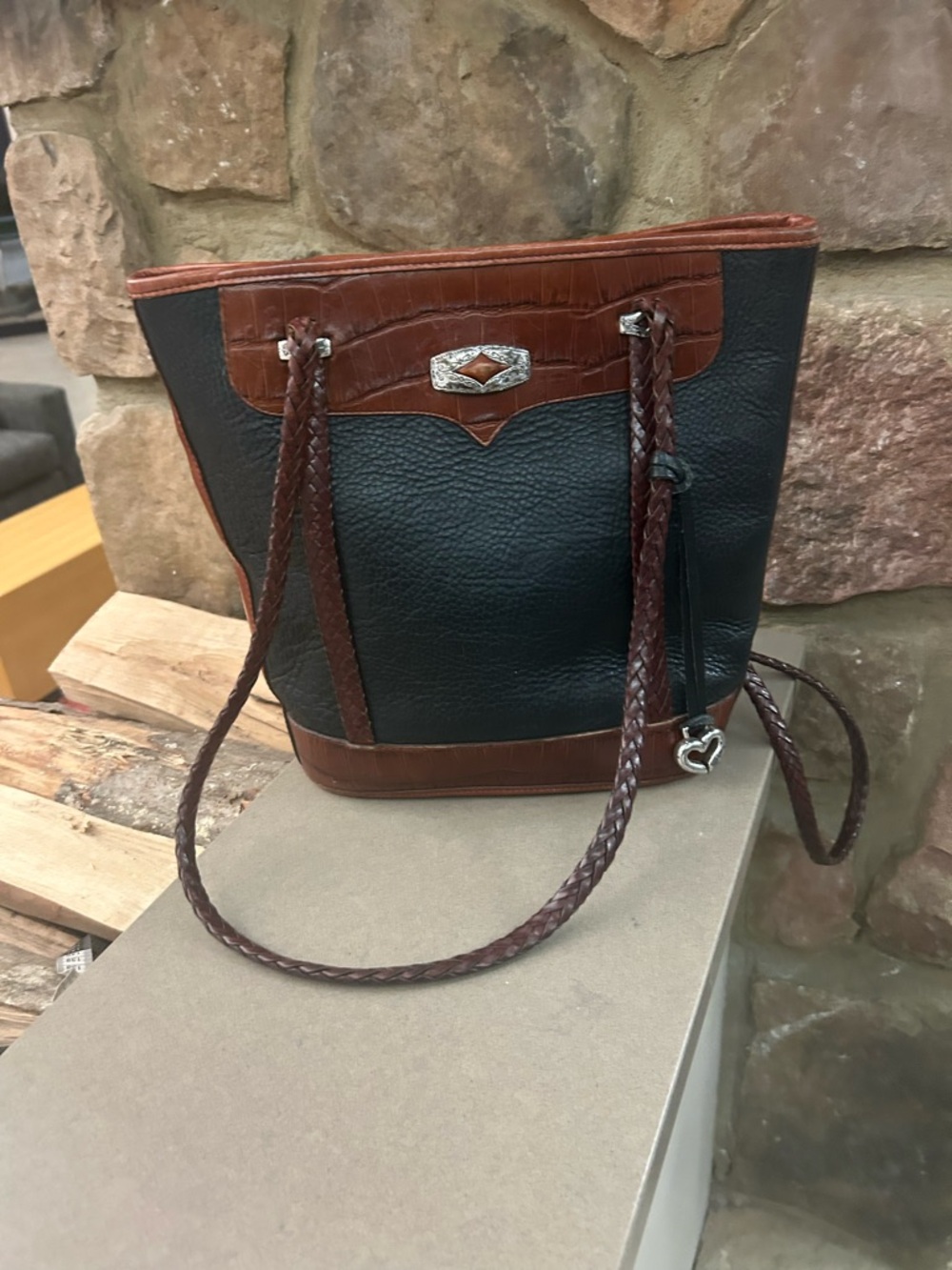 Vintage Brighton Two-Tone Black and Brown Shoulder Tote with Braided Straps